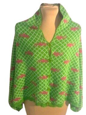 Top It Off Seahorse Print Cape Pink Green Button Front Lightweight Resort One Si
